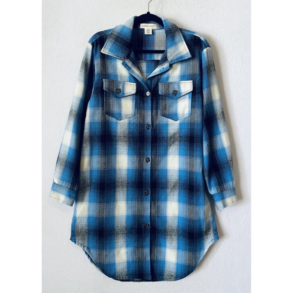 Happily Grey Shirt Dress Womens Medium Blue Plaid Button Up Flannel Boho Grunge